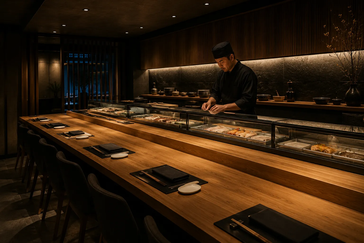 El chef de KAI·MAR tras la larga barra de madera, con la sala en penumbra cálida y las plazas dispuestas para el servicio.
