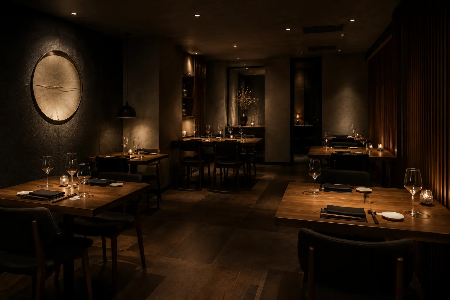 La sala de KAI·MAR a media luz: mesas de madera con copas servidas y un disco circular iluminado en la pared.