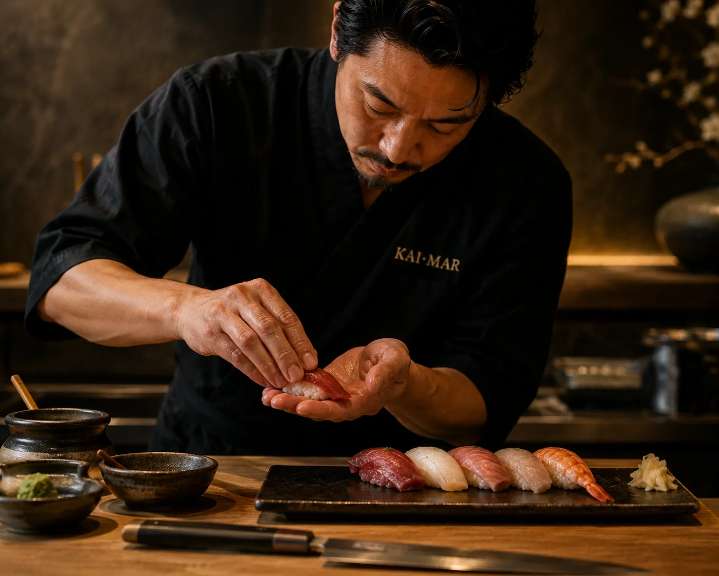 Las manos del chef montan un nigiri sobre la barra de KAI·MAR, junto a una tabla con piezas recién preparadas.