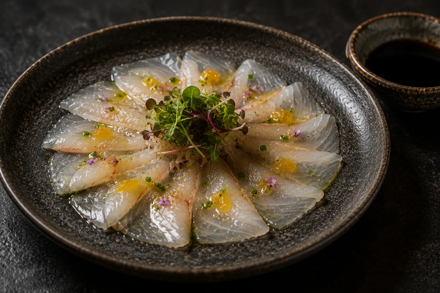 Usuzukuri de lubina en finas láminas dispuestas en círculo, con cítricos, brotes y flores comestibles.