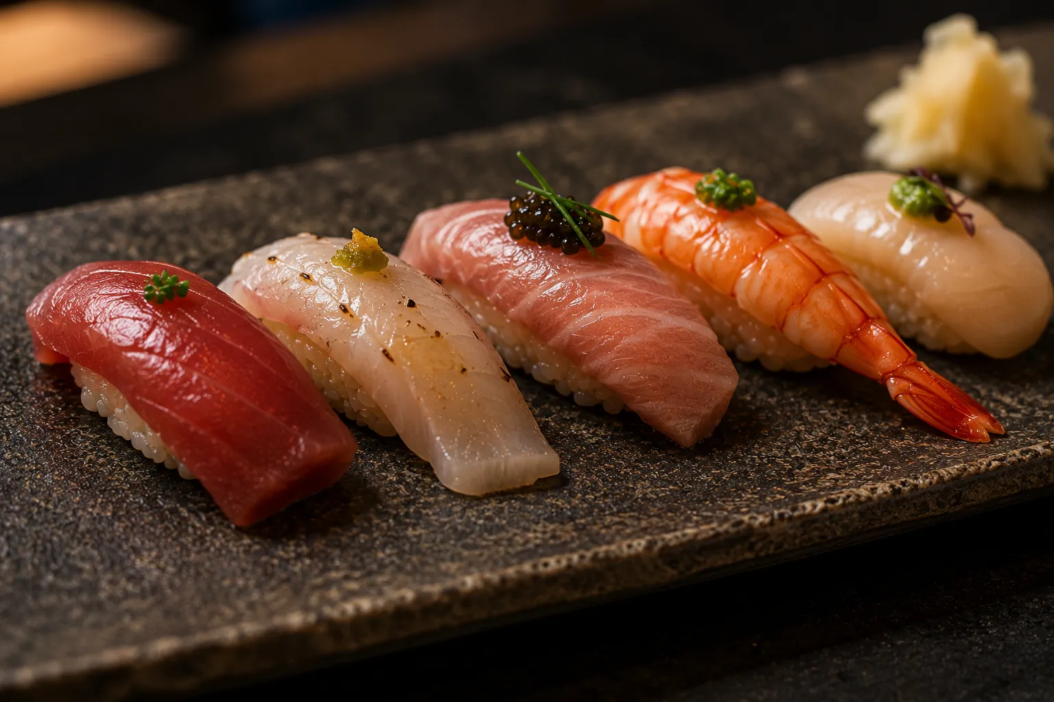 Cinco nigiris sobre pizarra oscura: atún rojo, lubina, toro, gamba y vieira, con un punto de jengibre.