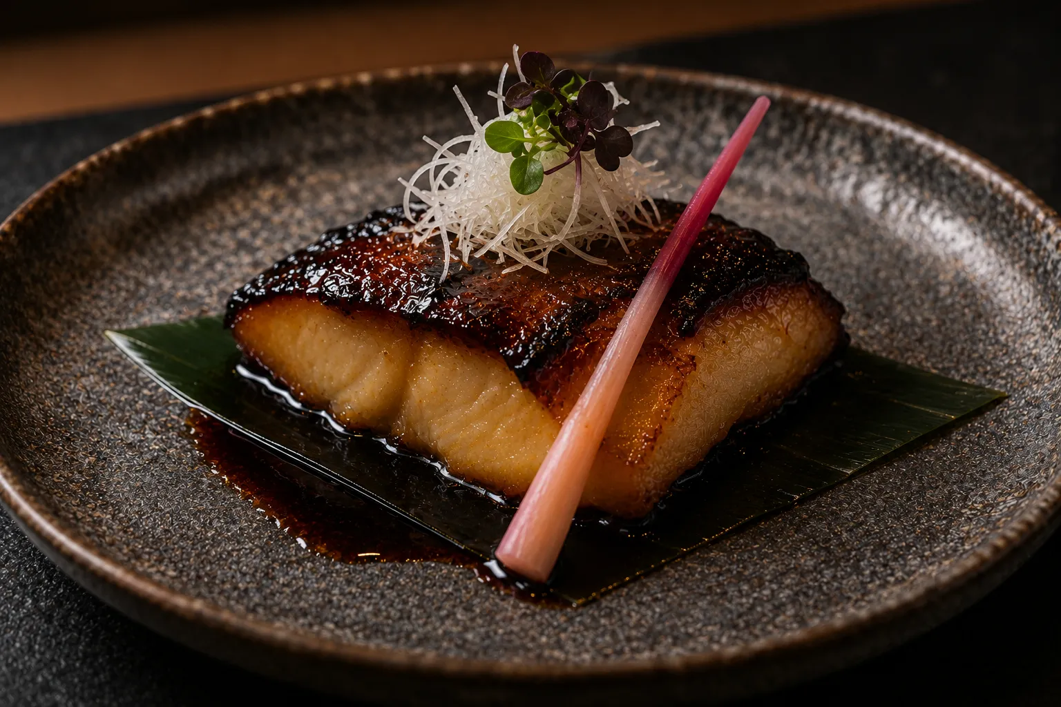 Bacalao negro lacado en miso sobre una hoja, con su jugo, brotes y un tallo de jengibre encurtido.