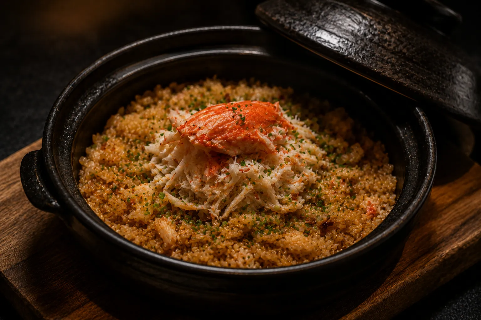 Cazuela de arroz japonés con txangurro desmigado y hierbas, sobre tabla de madera.